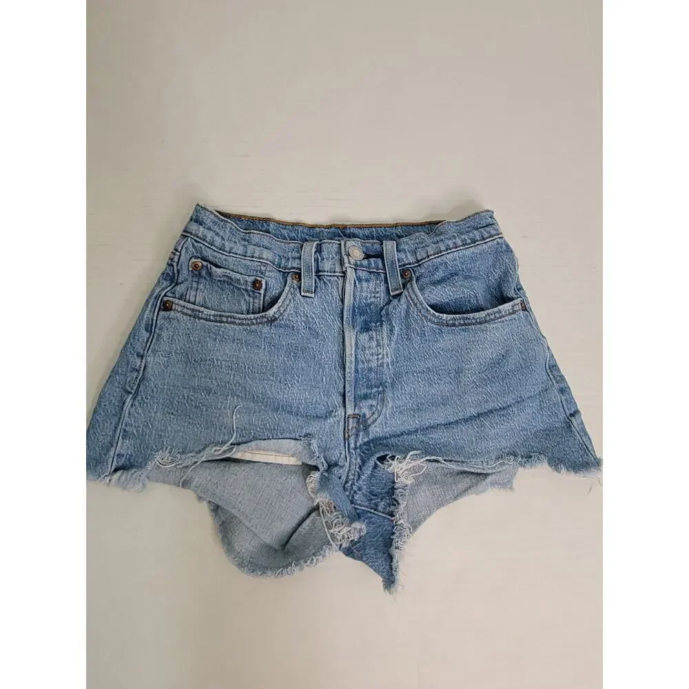 Levis 501 Denim Shorts Womens SZ 26 Cutoff Button Fly Frayed Blue 100% Cotton